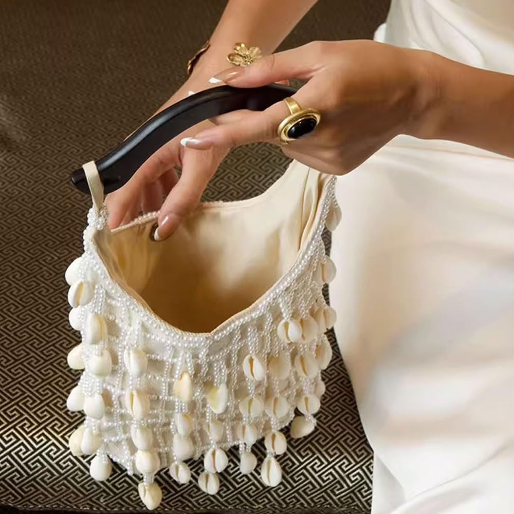 Shell Handbag for Women,Handmade Seashell Purse Bag with Wooden Handle,Beaded Clutch Top Handle Bags for Beach Vacation