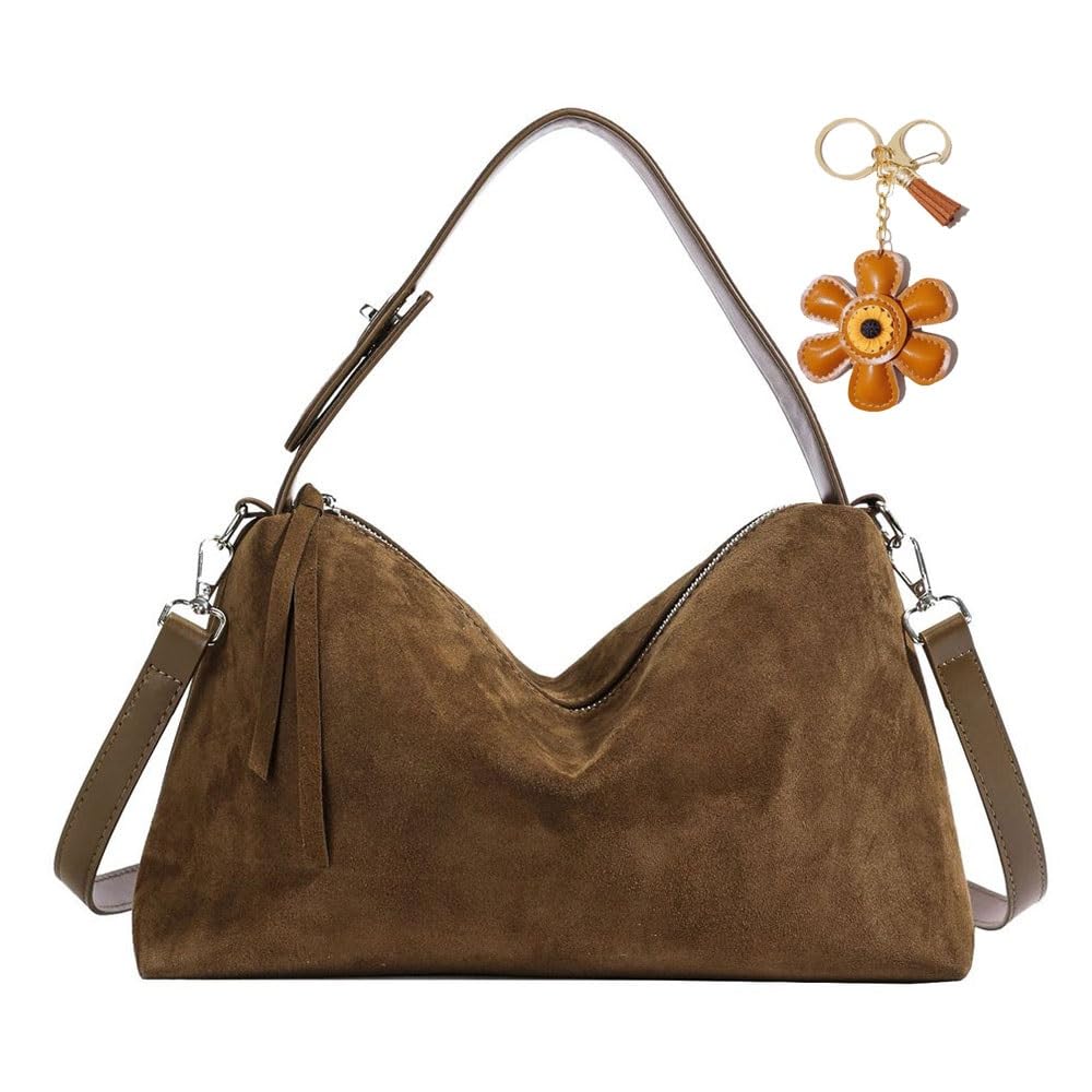 Suede Hobo Bags for Women,Faux Leather Handbags with Shoulder Strap, Crossbody Purse with Flower Keychain for Autumn