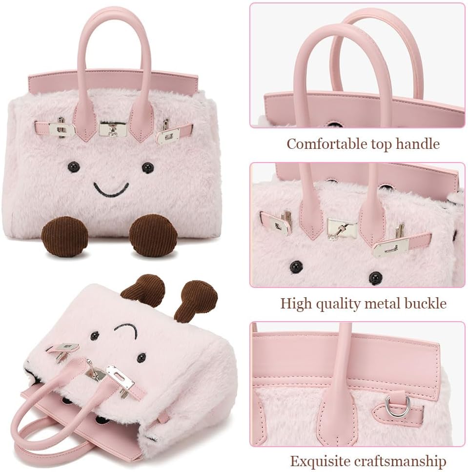 Women's Plush Handbag,Designer Cute Shoulder Bag with Smile Face & Strap,Casual Faux Fur Top Handle Bags for Autumn