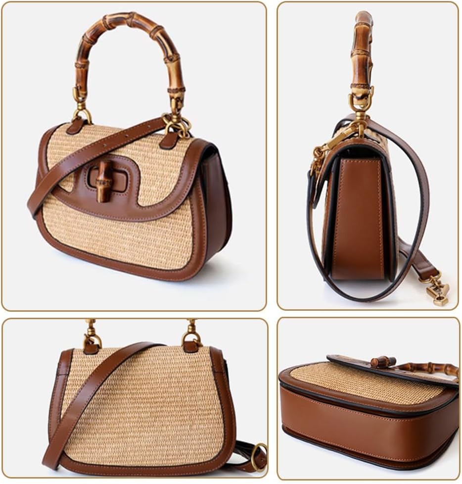 Women's Handmade Straw Tote Handbags，Genuine Leather+Straw Woven Bamboo Top Handle Satchel Crossbody Bag