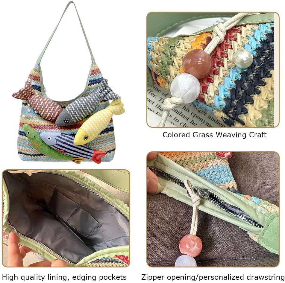 Women's Woven Colorful Straw Tote Bag，Beach Shoulder Handbag with Handmade Doll Fish，Straw Clutch for Summer Vacation