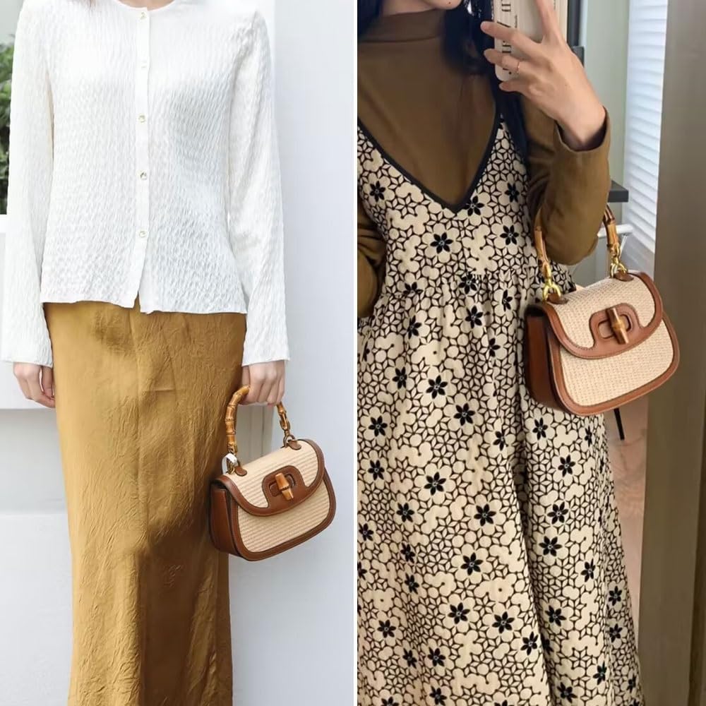 Women's Handmade Straw Tote Handbags，Genuine Leather+Straw Woven Bamboo Top Handle Satchel Crossbody Bag