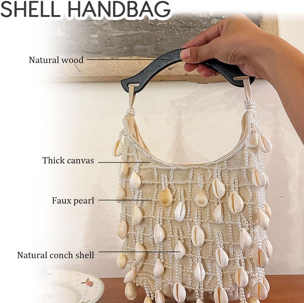 Shell Handbag for Women,Handmade Seashell Purse Bag with Wooden Handle,Beaded Clutch Top Handle Bags for Beach Vacation