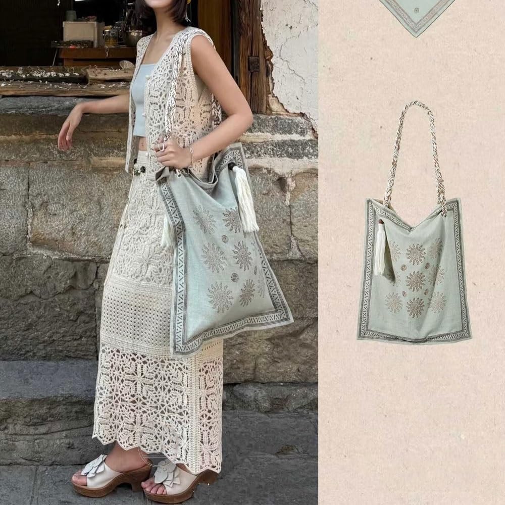 Bohemian Linen Crossbody Bag for Women，Casual Hobo Bags with Flower Patterns/Braided Tassel Shoulder Straps