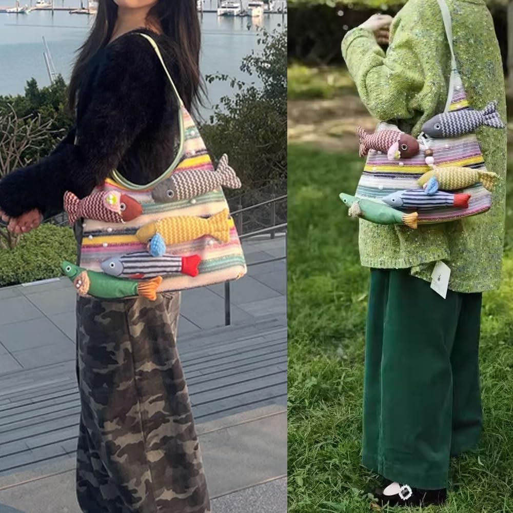Women's Woven Colorful Straw Tote Bag，Beach Shoulder Handbag with Handmade Doll Fish，Straw Clutch for Summer Vacation