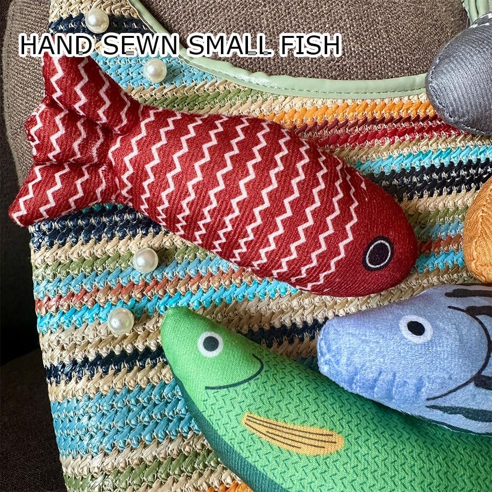 Women's Woven Colorful Straw Tote Bag，Beach Shoulder Handbag with Handmade Doll Fish，Straw Clutch for Summer Vacation